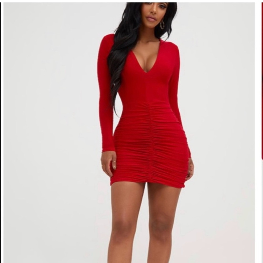 PrettyLittleThing Red Ruched Bodycon dress